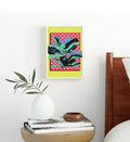 Tropical pop canvas wall art with leaves and checkered background, perfect for modern Indian home decor.