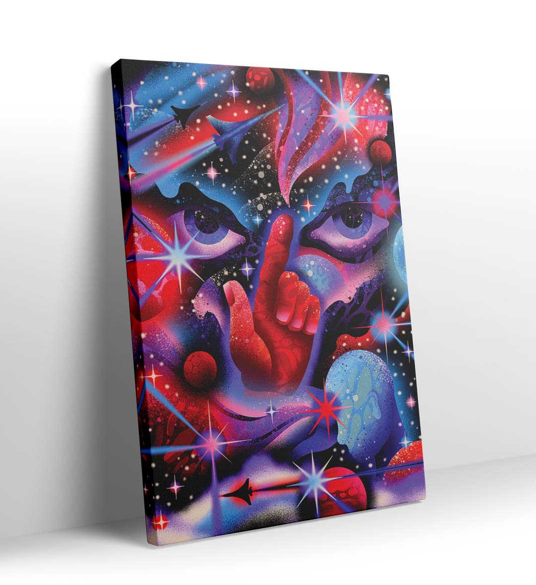 Cosmic Whisper with surreal hand and spaceship wall art for Indian home decor.
