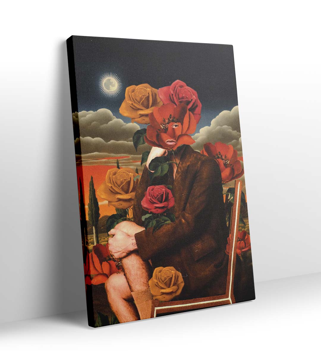 Surreal floral canvas wall art with rose face and glowing moon, ideal for modern Indian home decor.